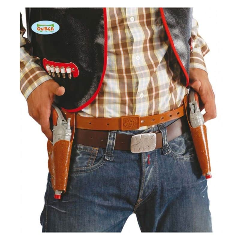 Cartuchera doble en color marrón con 2 pistolas de estilo vaquero