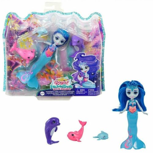 Enchantimals Muñeca Dorinda Dolphin con familia de delfines rosa y lila