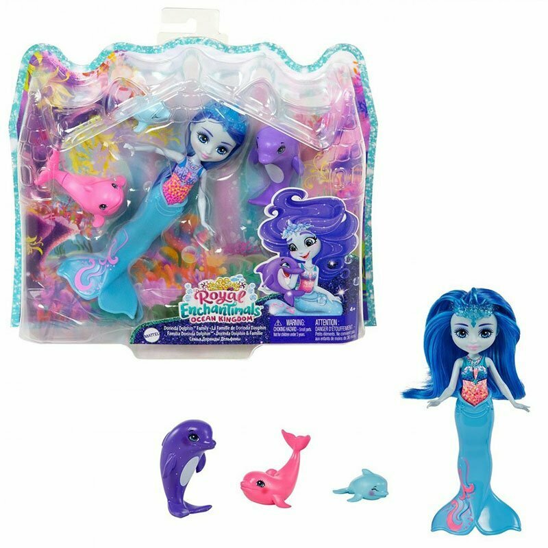 Enchantimals Muñeca Dorinda Dolphin con familia de delfines rosa y lila