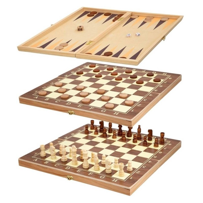Juego de mesa tres en uno ajedrez, damas y backgammon de madera