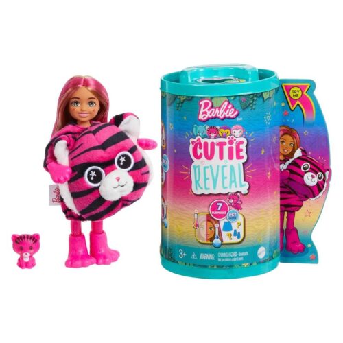 Barbie Chelsea Cutie Reveal Amigos de la jungla con disfraz de tigre HKR15