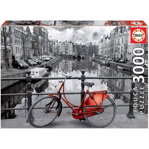 Puzzle 3000 piezas paisaje de Ámsterdam con bicicleta roja Educa 16018