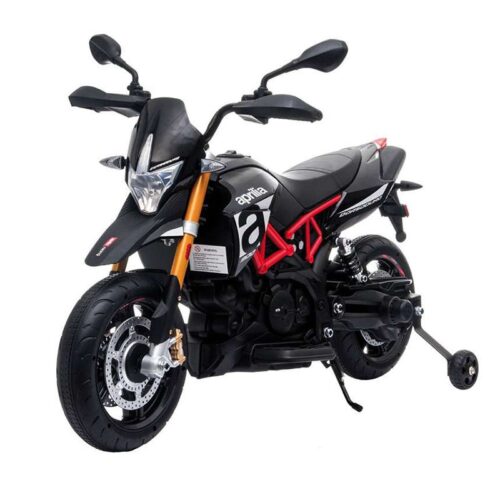 Moto Aprilia negra de batería de 12V para niños y dos motores de 18W
