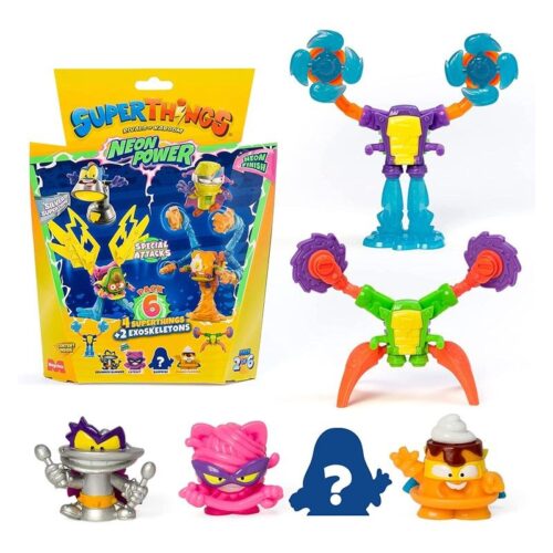 Blíster 2 de 6 Superthings Neon Power de 4 figuras y 2 exoeskeletons