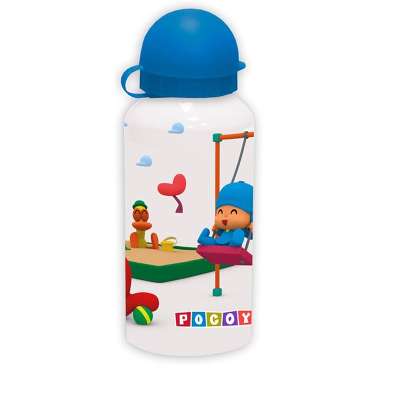 Botella de Pocoyó de aluminio de 400 ml con diseño blanco con tapón