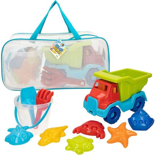 Set de playa con camión volquete con cubo de arena con 6 moldes y pala