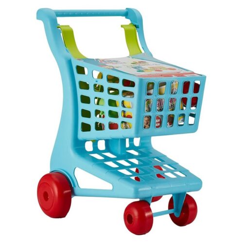 Carrito de la compra de juguete color verde y celeste con accesorios de comida surtido