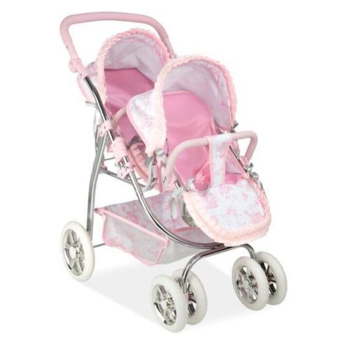 Coche de gemelar Valentina de Arias en color rosa plegable y con bolso