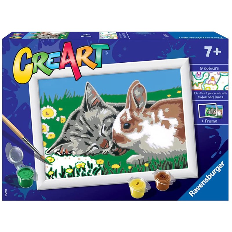 CreArt Gato y Conejo en prado kit de pintura con 9 colores y marco
