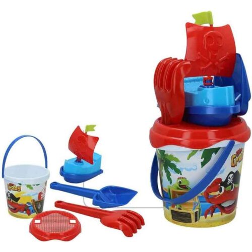 Cubo para playa de piratas con barco corsario rastrillo y pala