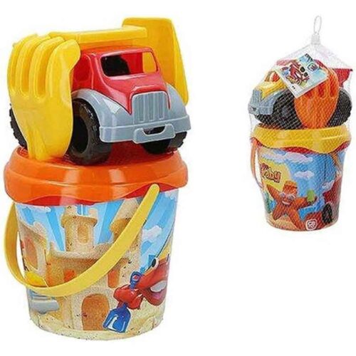 Cubo de playa con camión dumper pala y rastrillo para la arena