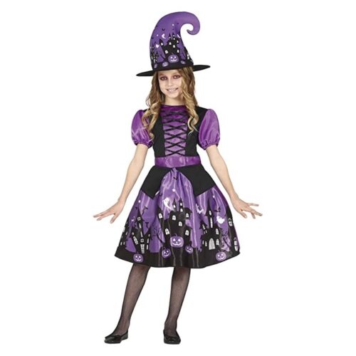 Disfraz de Bruja Lila con estampado y sombrero infantil 7-9 años