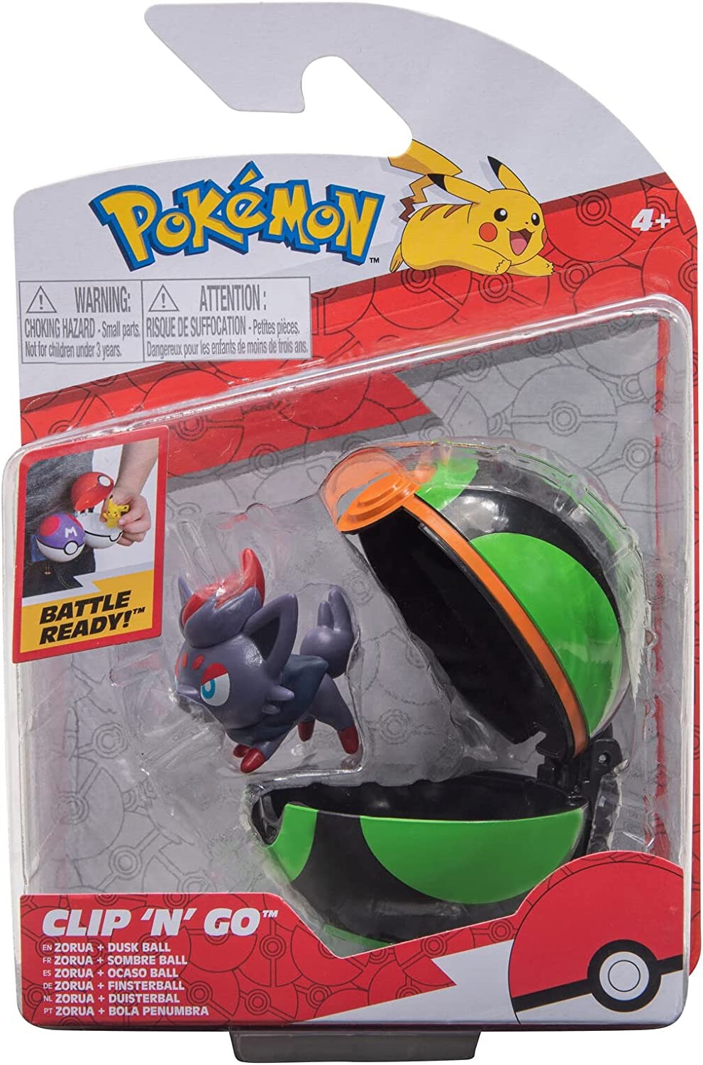 Muñeco Pokemon Zorua junto a Ocaso Ball de Pokémon Clip and Go