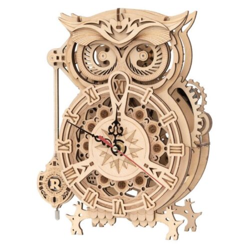 Maqueta de madera 3D reloj búho con mecanismos y engranajes mecánicos