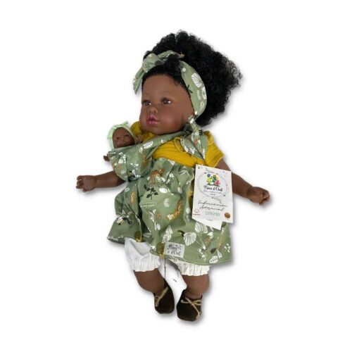 Muñeca María con bebé de pelo rizado y vestido verde Nines dOnil 2330