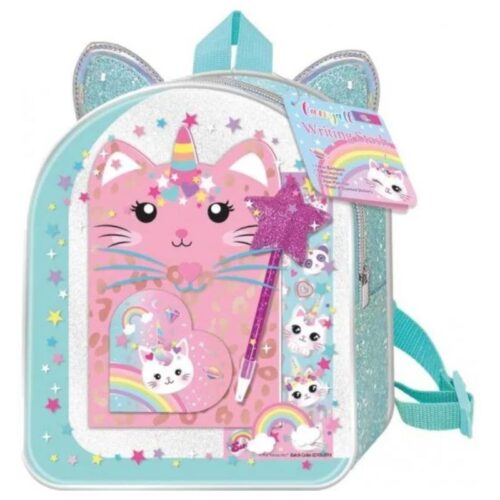 Mochilla de gato color celeste con glitter y set de papelería