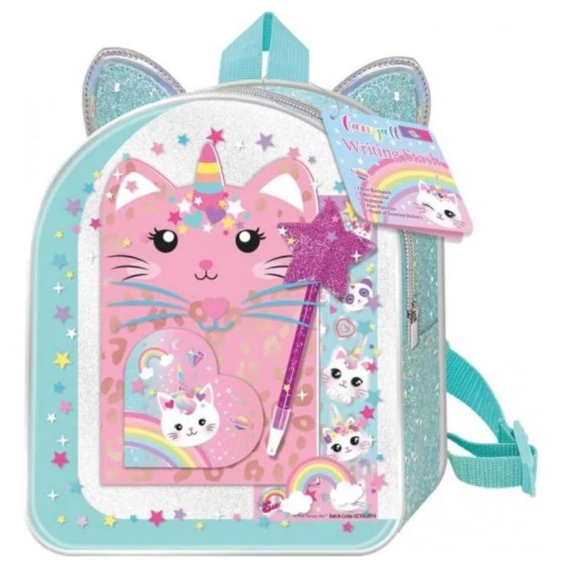 Mochilla de gato color celeste con glitter y set de papelería