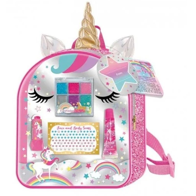 Mochila unicornio de maquillaje con purpurina más accesorios