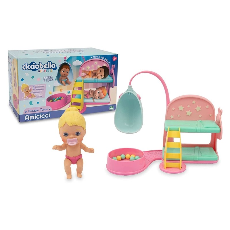 Muñeca Amiccici momento de dormir con set de accesorios y camita