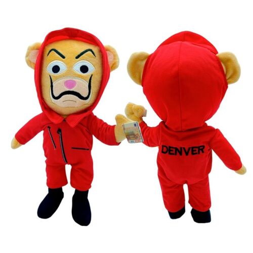 Peluche de oso musical de Denver con mono rojo y billete en la mano