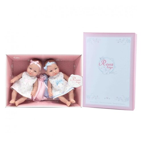 Pack bebé gemelos rosa y azul de 28 cm con vestido estampado de lunares