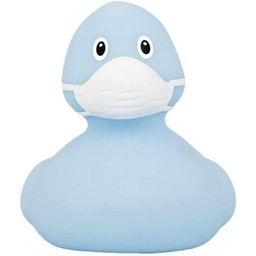 Pato de goma Corona Share Happiness azul con mascarilla color blanco