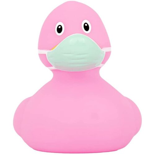 Pato de goma Corona Share Happiness de color rosa con mascarilla