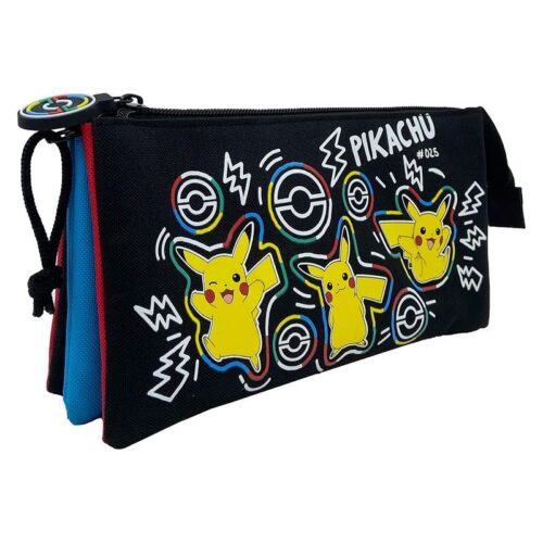 Estuche triple de Pokémon color negro y azul con Pikachu PT353PK