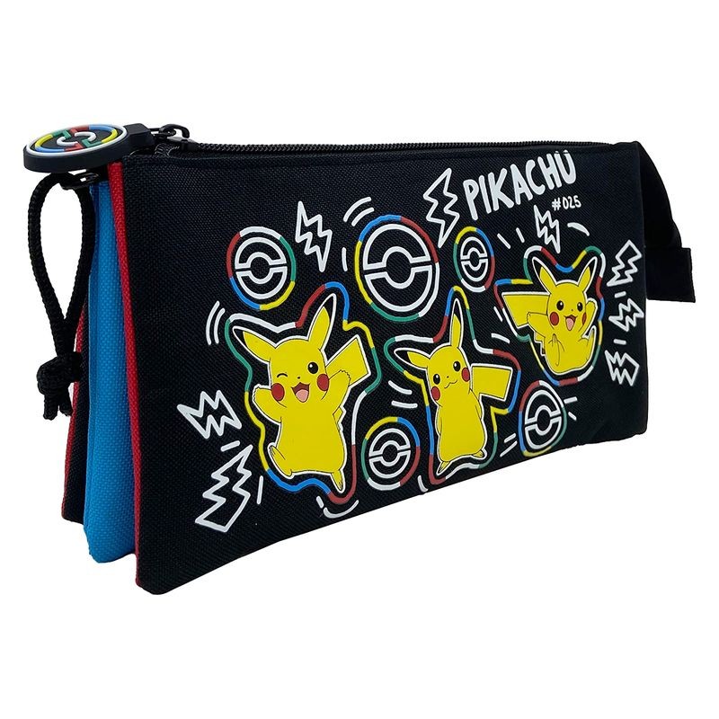 Estuche triple de Pokémon color negro y azul con Pikachu PT353PK