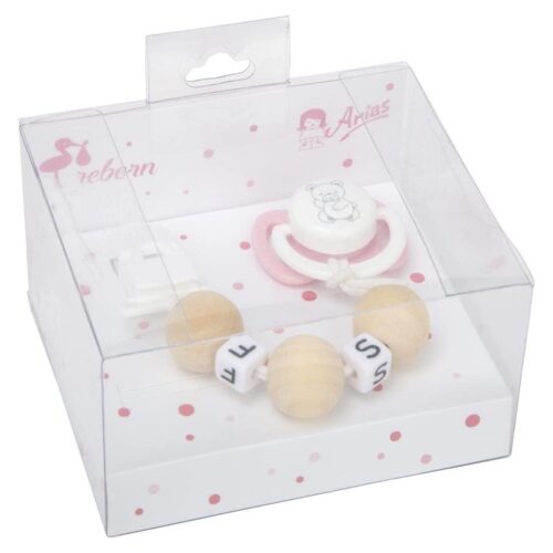 Set chupete para muñecas Arias color rosa y blanco con bolas de madera