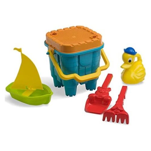 Set de juguetes de playa compuesto por cubo, velero, palas y patito