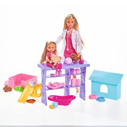 Set de veterinaria Muñeca Steffi Love y Evi con 35 accesorios