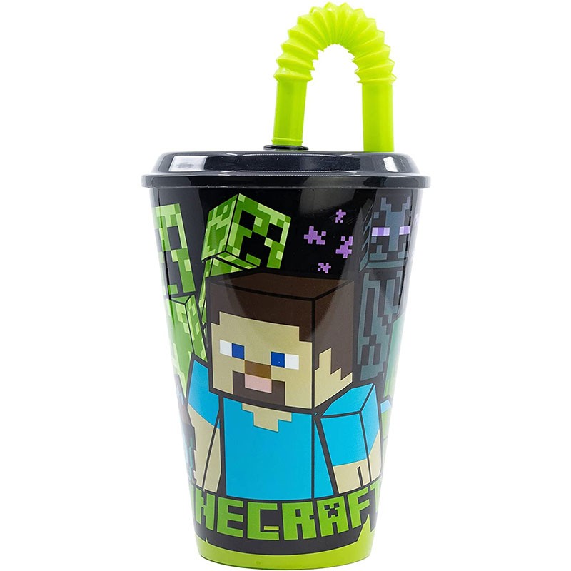 Vaso con tapa y pajita de Minecraft con Steve y monstruos de 430 ml