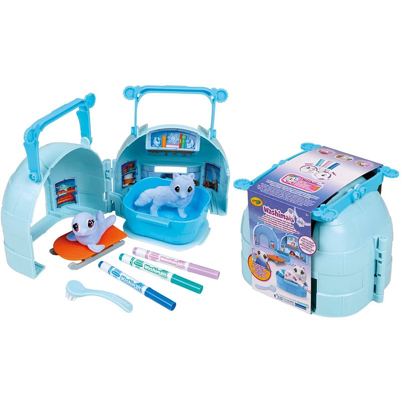 Playset Iglú ártico de Washimals con mascotas lobo y foca para pintar