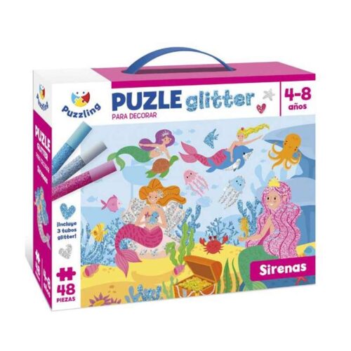 Puzzle infantil 2 x 48 Sirenas con tubos de purpurina para decorar