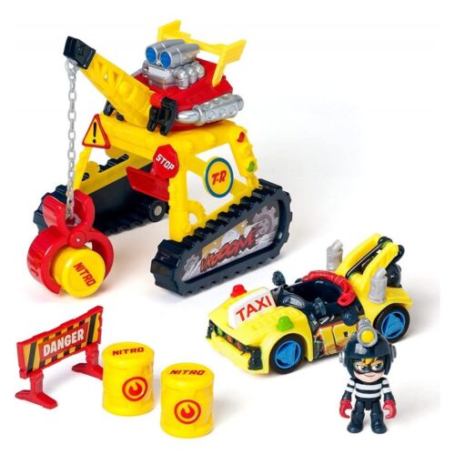 T-racers Turbo Crane challenge playset con grúa y vehículo amarillo