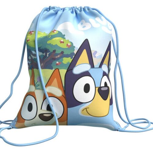 Mochila de saco Bluey junto a Bingo con cuerdas celestes – A partir de 3 años