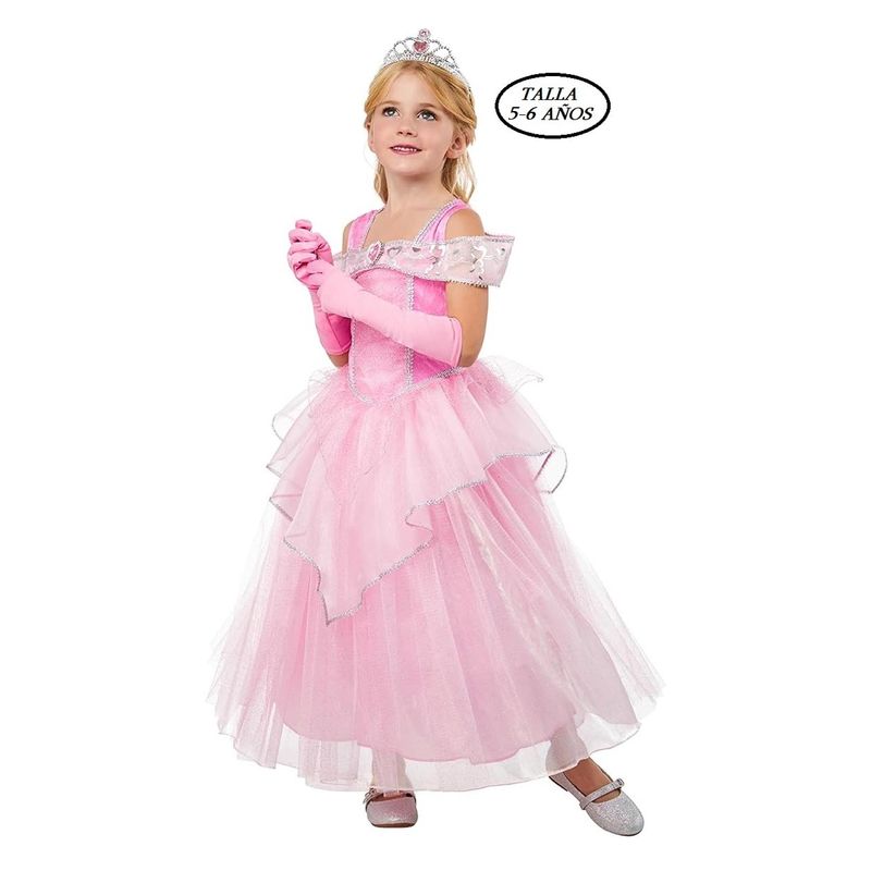 Disfraz de princesa vestido rosa diadema y guantes para 5-6 años 301630-M - A partir de 5 años