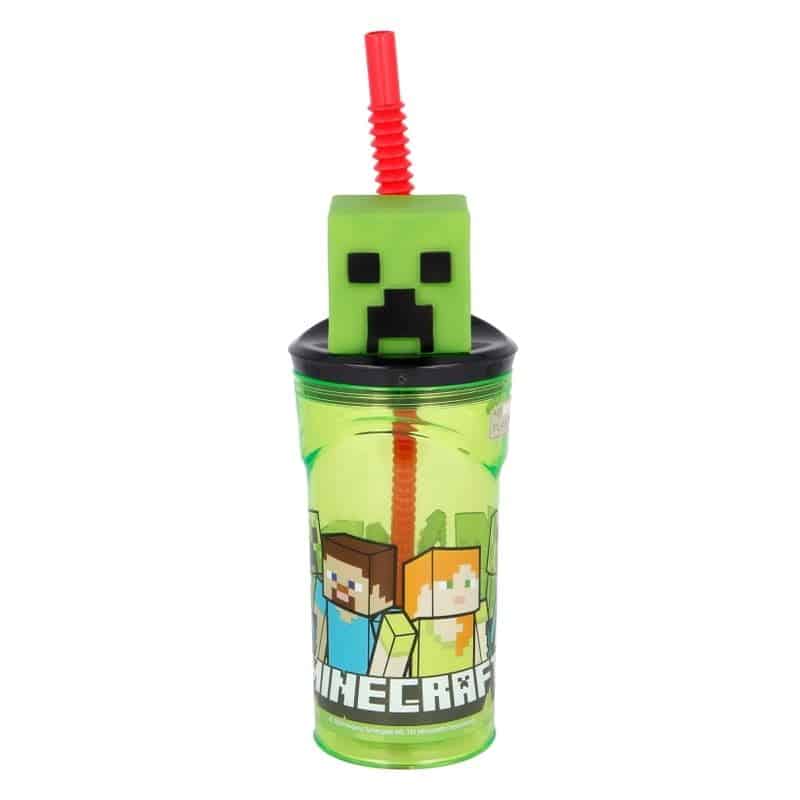 Vaso PVC con caña flexible y figura 3D del juego Minecraft 360ml 40466
