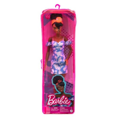 Muñeca Barbie Fashionista afroamericana con vestido azul y blanco HBV17