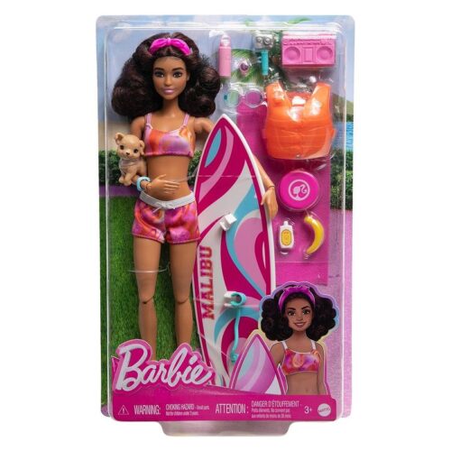 Muñeca Barbie surfista con tabla malibu y bañador rosa Mattel HPL69