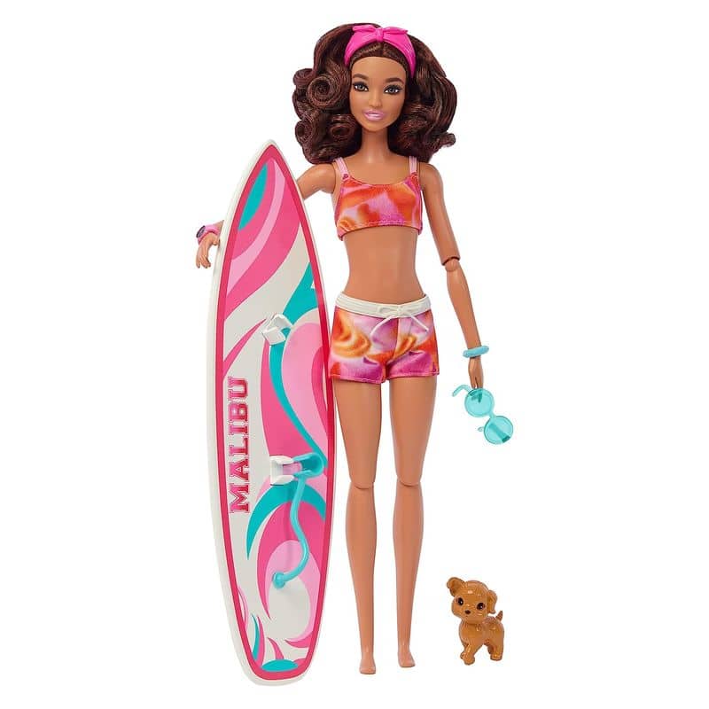 Muñeca Barbie surfista con tabla malibu y bañador rosa Mattel HPL69 - Imagen 2