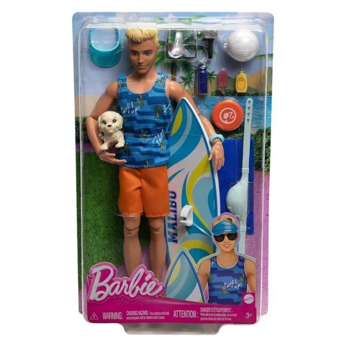 Muñeco Ken articulado con tabla para surfear azul y look de verano HPT50