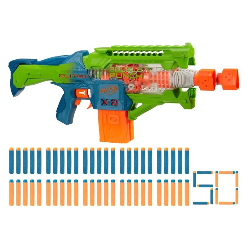 Lanzador Double Punch Nerf Elite 2.0 con 50 dardos y dos clips de 10 - Más de 8 años