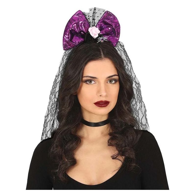 Diadema con lazo grande lila con velo para disfraz de Halloween - Más de 8 años