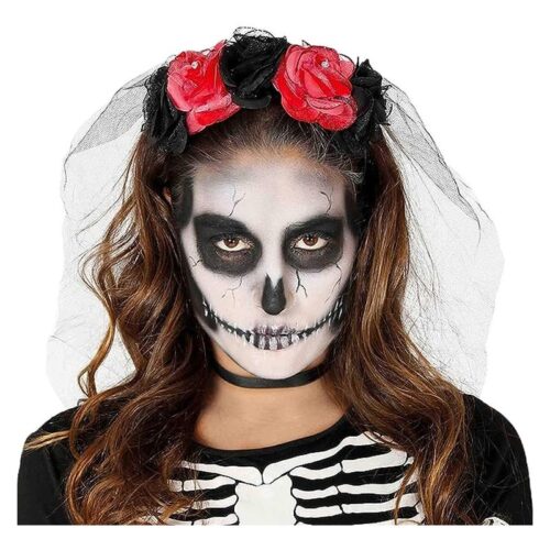 Diadema rosa de Halloween con flores rojas y negras – Más de 8 años