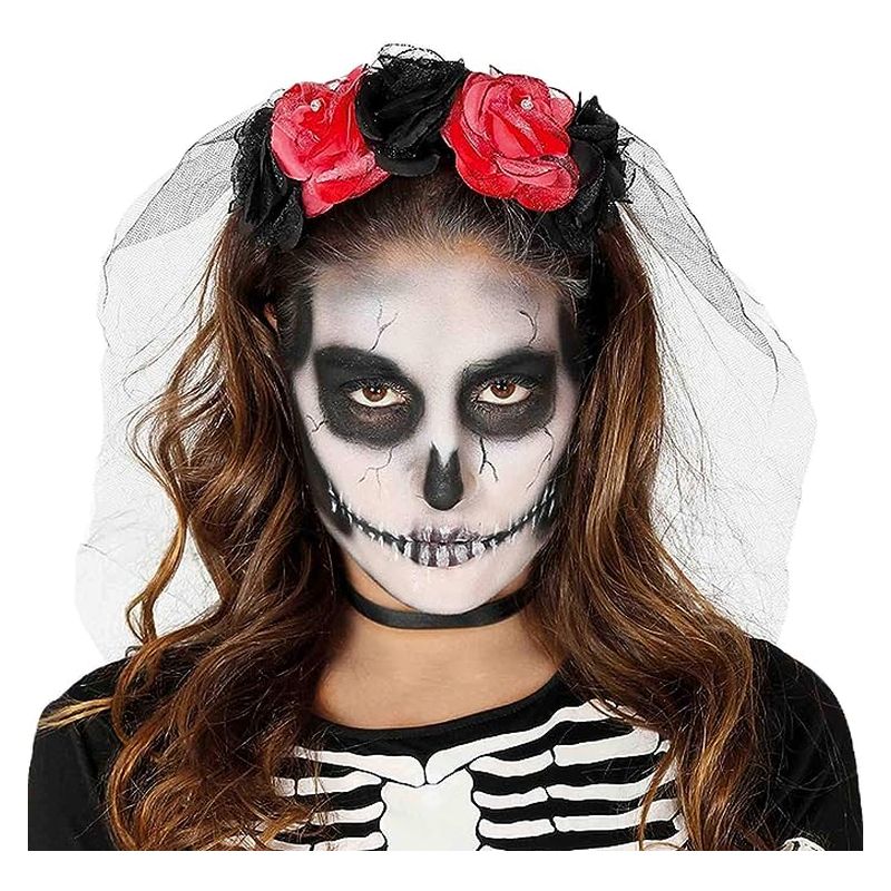 Diadema rosa de Halloween con flores rojas y negras - Más de 8 años