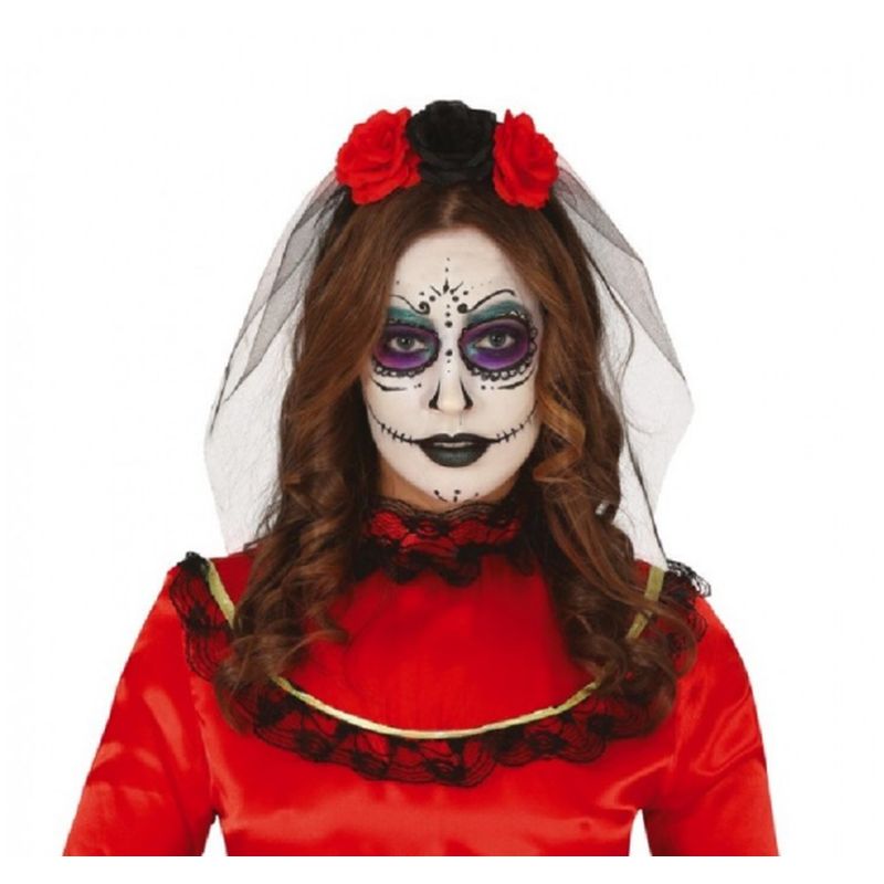 Diadema con velo para Halloween con flores negras y rojas infantil - Más de 4 años