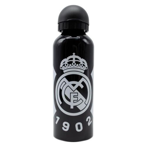 Botella de agua aluminio negra Real Madrid con escudo en blanco 500ml