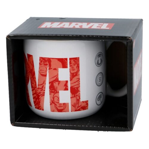 Taza de cerámica blanca para el desayuno con logo de Marvel rojo 01626